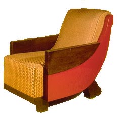 Fauteuil plaqu de chne crus, laque rouge, tissu  base de crin